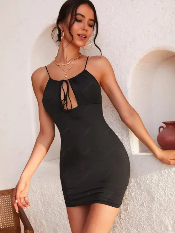 Tie Collar Cut Out Cami Slinky Mini Dress   BLACK | ZAFUL (Global)