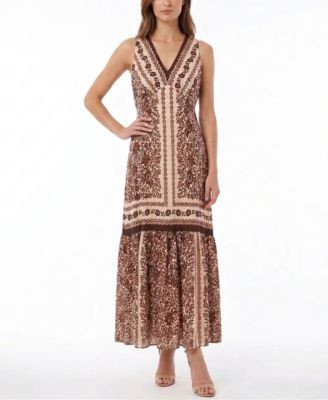 Taylor Women's Floral Print V-Neck Ruffle Hem Dress - Taupe Chocolate Brown | Macy's