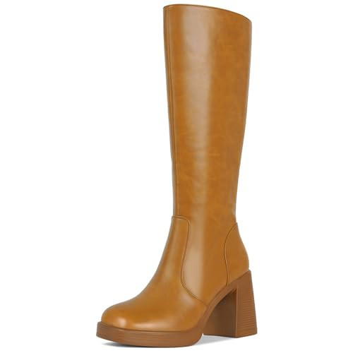 SOVANYOU Tan Boots Brown Knee High Boots for Women Chunky High Heeled Boots Square Toe Faux Leather Tall Boots Go-Go Boot | Amazon (US)