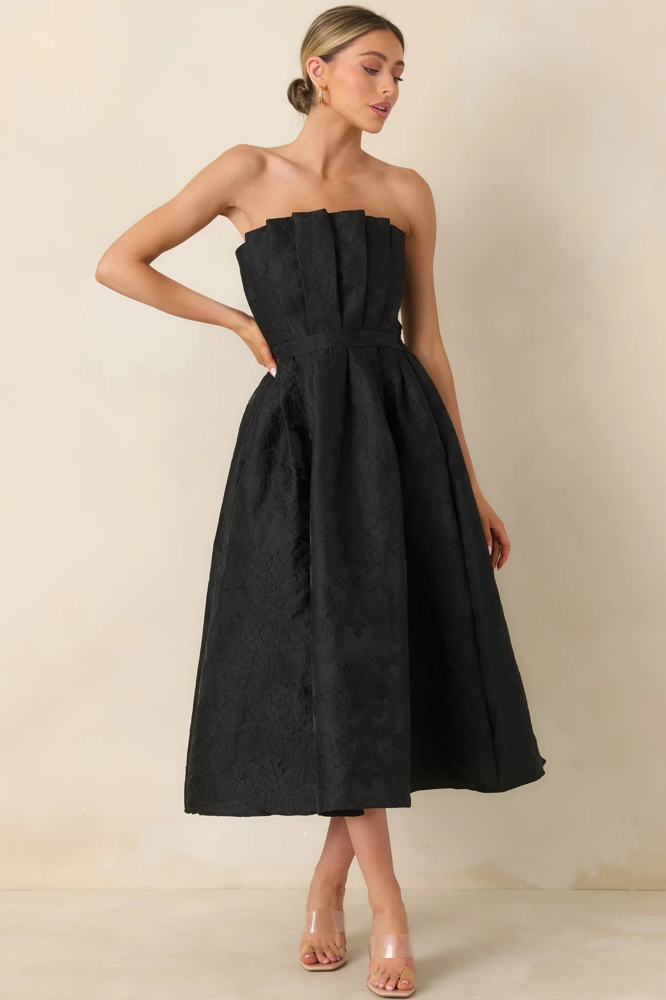The Genevieve Black Jacquard Strapless Midi Dress | Red Dress