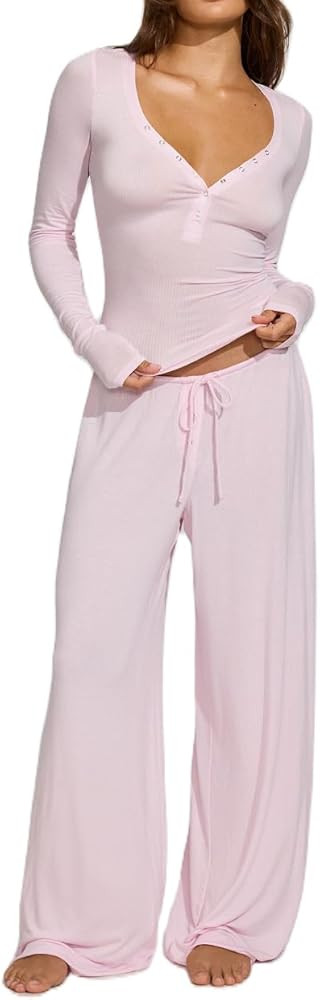 ROAONOCOMO Women Y2K Floral 2 Piece Lounge Set Long Sleeve Fitted Tee Shirt Top Wide Leg Long Pan... | Amazon (US)