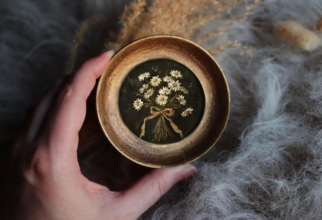 Daisy Bouquet Painting in Celestial Sun Frame Vintage Style Round Miniature Floral Illustration C... | Etsy (US)