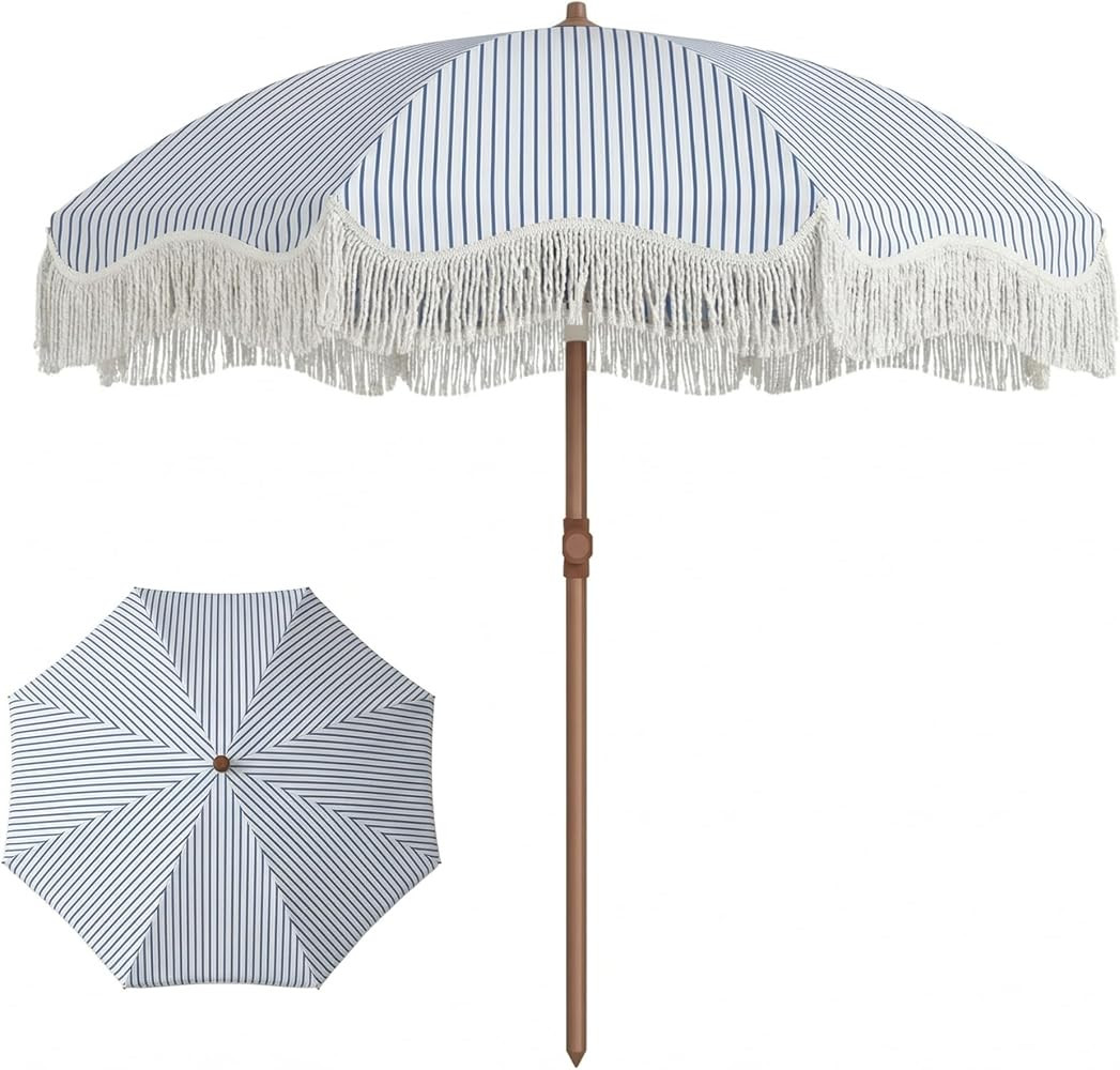 7ft Patio Umbrella with Fringe, Boho Beach Umbrellas, Outdoor Tassels Umbrellas with Push Button ... | Amazon (US)