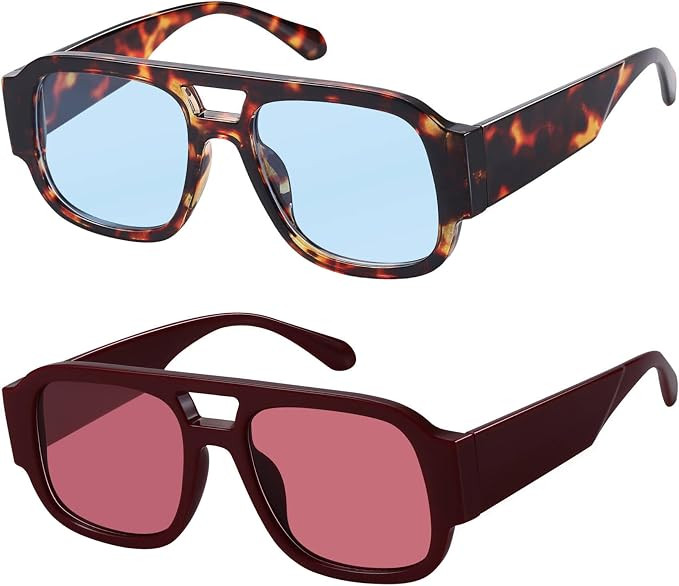 Retro Oversized Aviator Sunglasses Women Men Square Double Bridge | Trendy Flat Top Thick Frame S... | Amazon (US)
