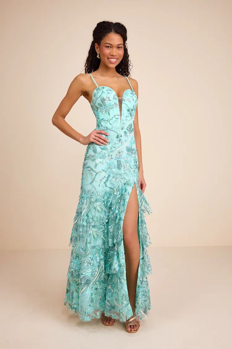 Angele Mint Blue Sequin Embroidered Tiered Maxi Dress | Lulus