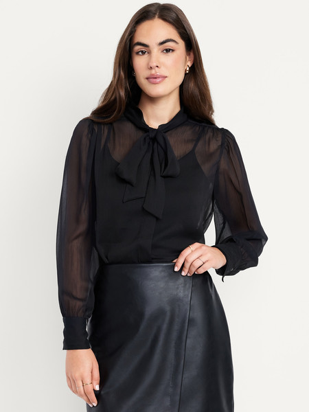Long-Sleeve Tie-Neck Chiffon Top | Old Navy (CA)