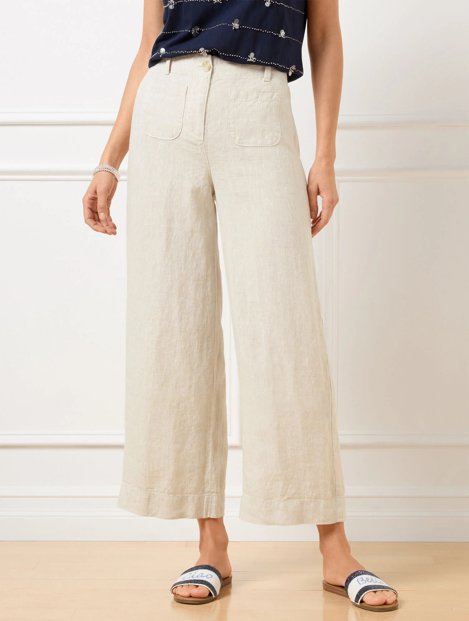 Wide Crop Patch Pocket Washed Linen Pants | Talbots