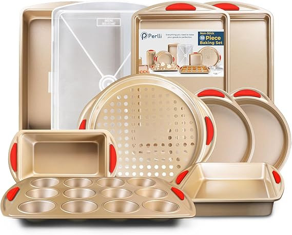 Perlli Baking Pan 10 Piece Set Nonstick Gold Steel Oven Bakeware Kitchen Set with Silicone Handle... | Amazon (US)