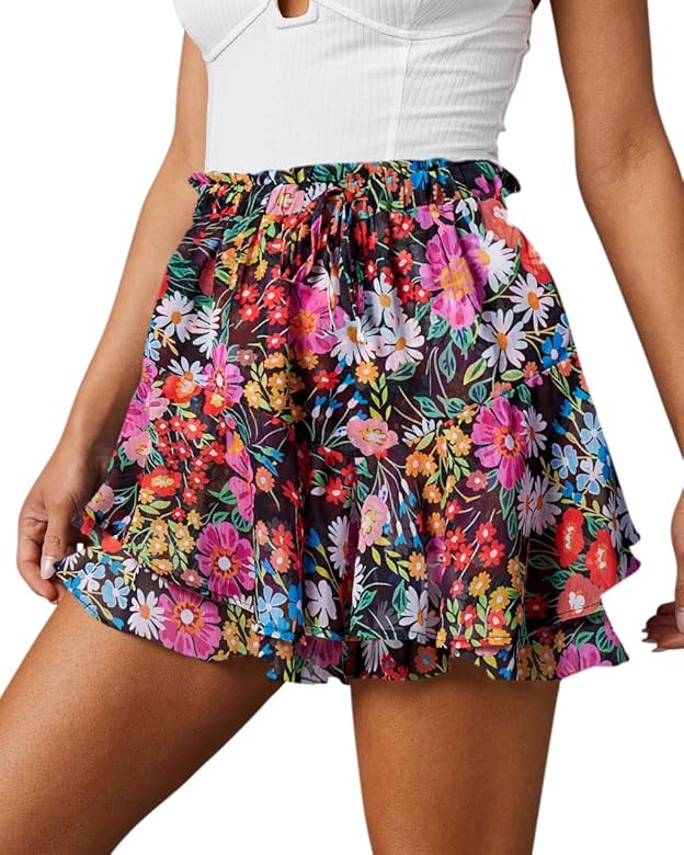 siliteelon Flowy Shorts for Women Casual Boho Floral Skorts Ruffle Mini Skirts Running Tennis But... | Amazon (US)