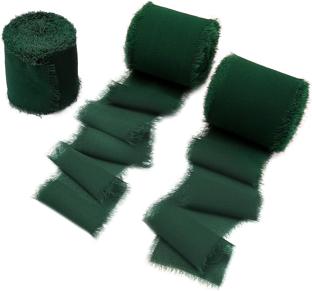 DORIS HOME 3 Rolls 2" x7Yd Fringe Chiffon Ribbon for Flower Bouquet, Handmade Dark Green Ribbon f... | Amazon (US)