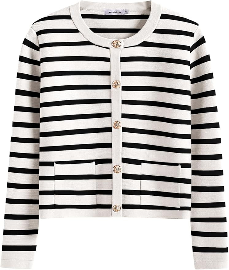ANRABESS Women Striped Cardigan Sweaters Button Down Cropped Knit Lady Jackets Coat 2025 Fall Out... | Amazon (US)