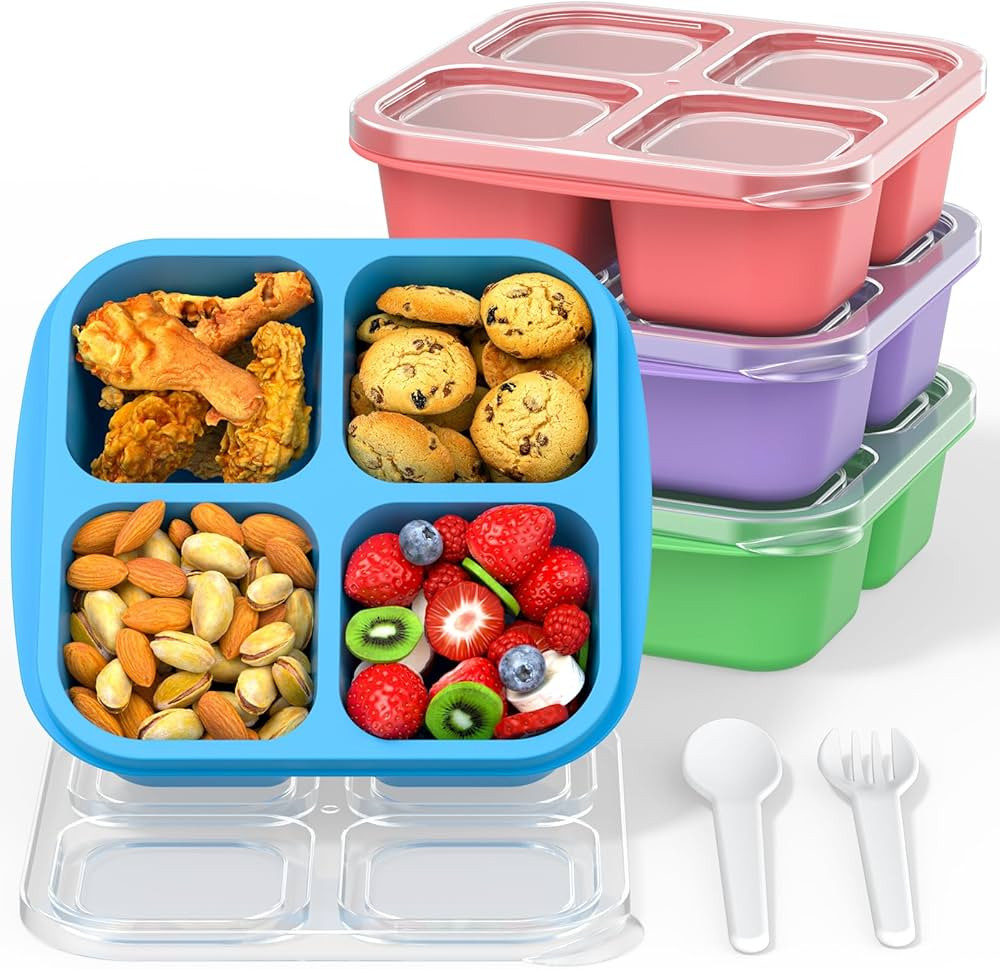 Bento Snack Boxes (4 Pack)- Reusable 4-Compartment Meal Prep Containers for Kids and Adults, Perf... | Amazon (US)