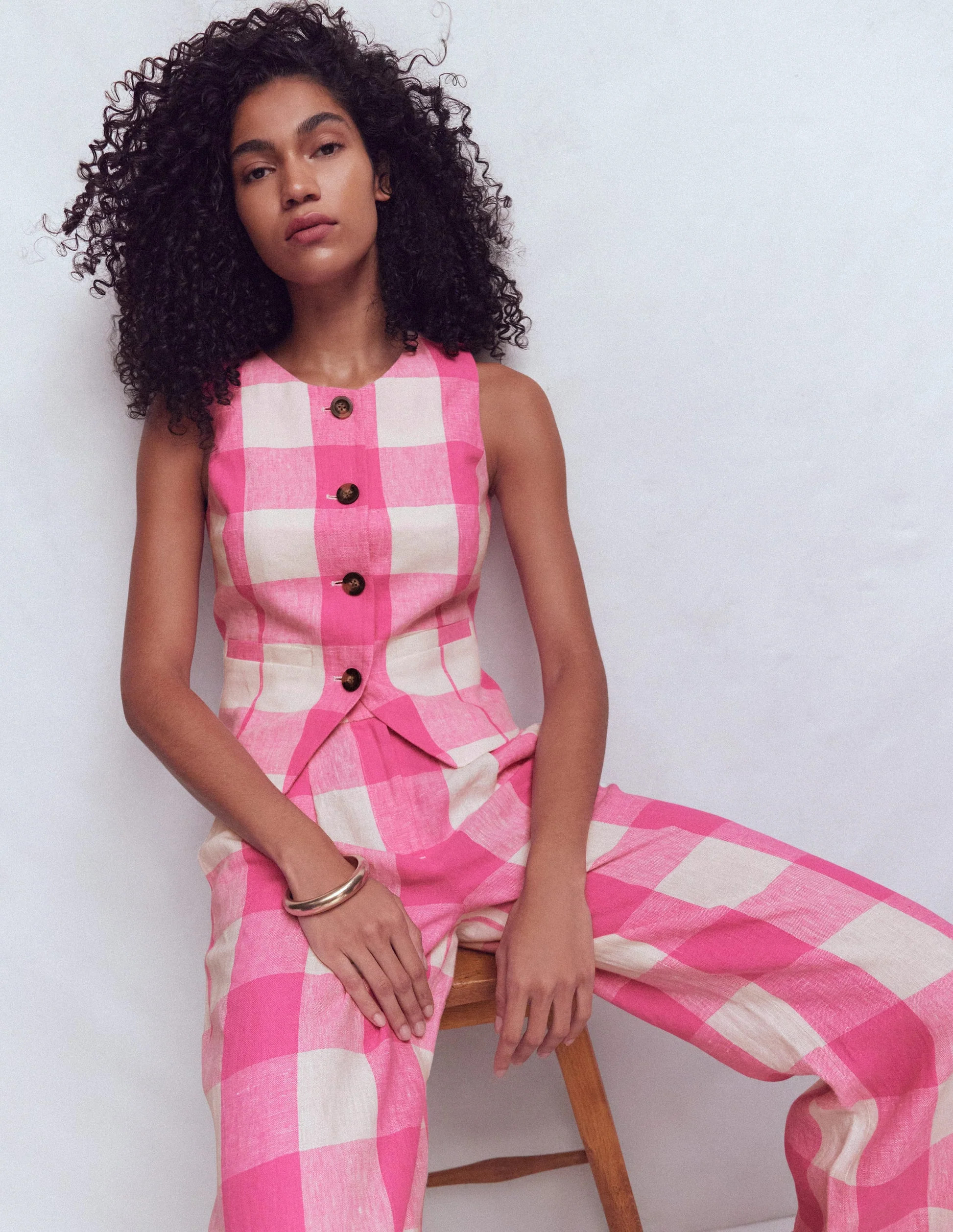 Linen Scoop Neck Waistcoat-Pink Gingham | Boden (US)