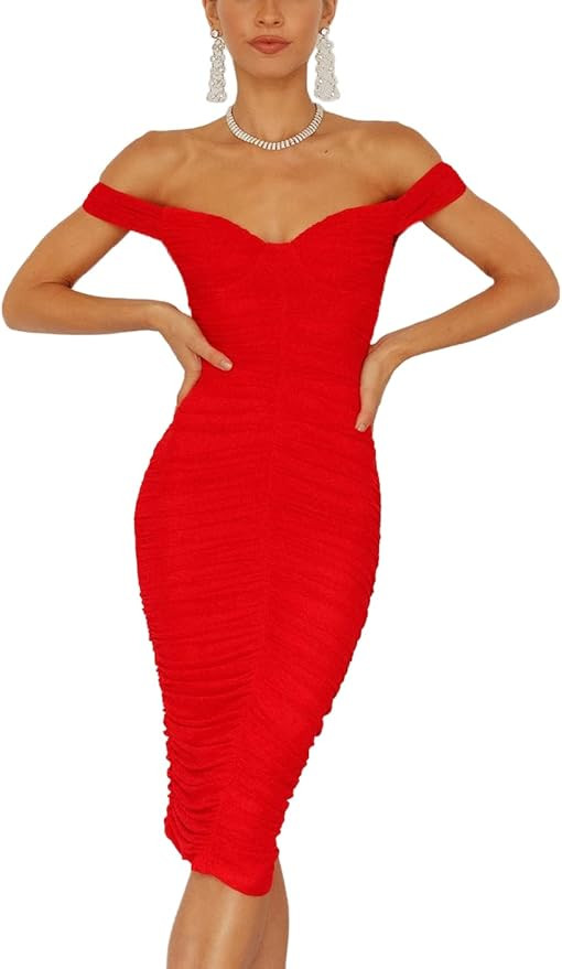 Pofash Women's One Shoulder Sleeveless Mesh Ruched Cocktail Club Party Midi Bodycon Dress | Amazon (US)