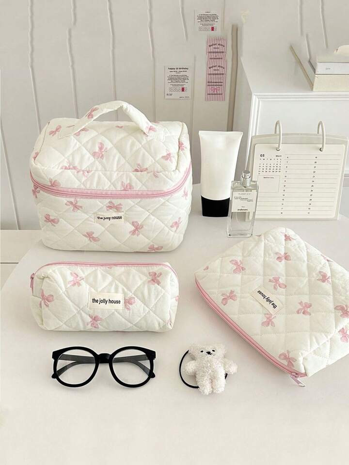 3 Piece Pink Quilted Makeup Bag Set With Pink Bows S/M/L Size Cute Coquette Floral Cosmetic Bag W... | SHEIN