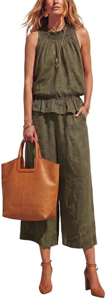 SENOY Women's Linen 2 Piece Outfits, Sleeveless Ruffle Top & Wide Leg Pants, Boho Casual Pant Set... | Amazon (US)