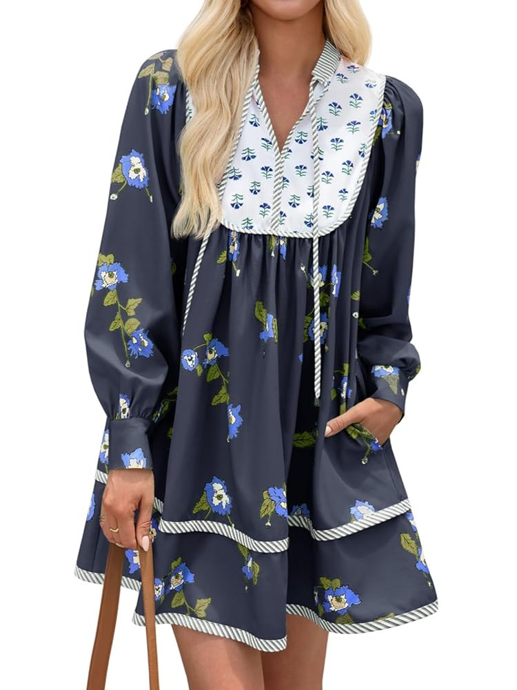 Wenrine Womens Casual Floral Mini Dress 2025 Fall Long Sleeve V Neck Patchwork Loose Boho Shirt D... | Amazon (US)