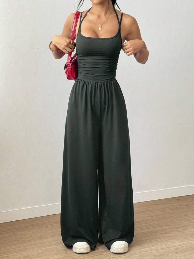 Flirla Spring/Summer Casual Pleated Loose Straight Leg Jumpsuit With Adjustable Straps  | SHEIN