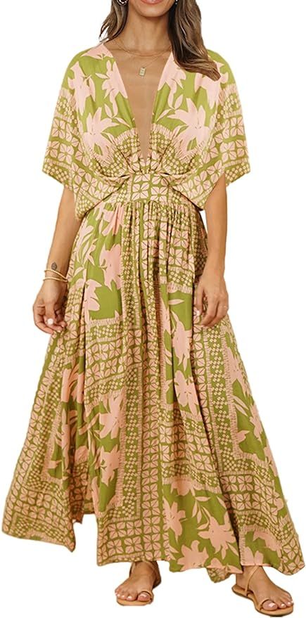 LYANER Women's Floral Boho Deep V Neck Batwing Short Sleeve High Waist Split Slit Shift Dress | Amazon (US)