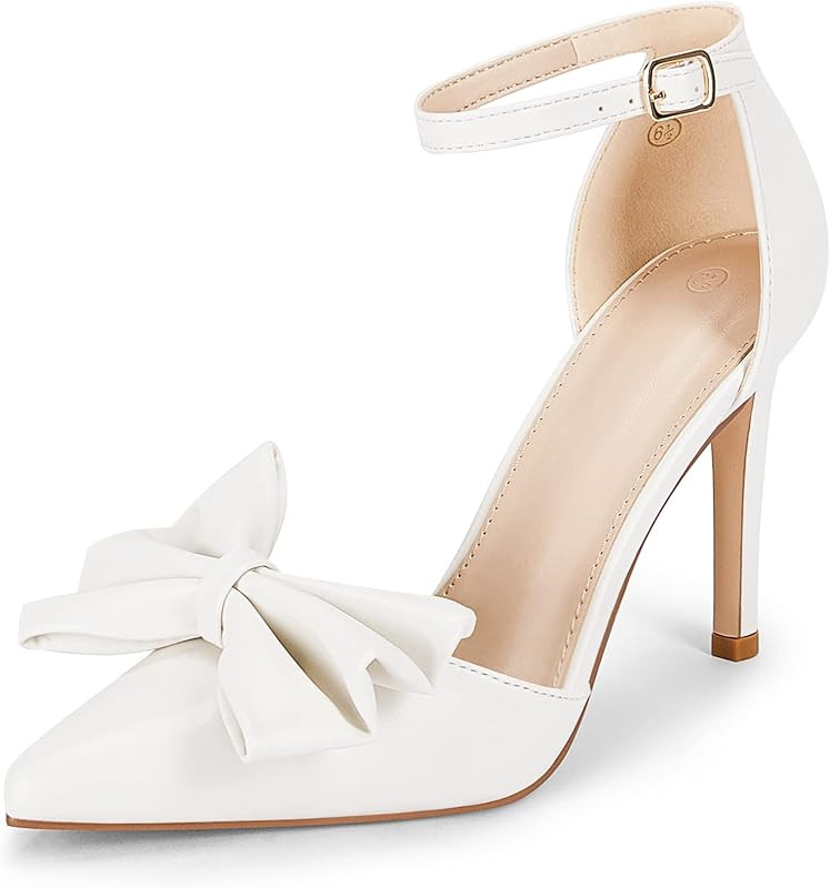 Womens Bow Heels Closed Pointed Toe Stiletto High Heel Ankle Strap D'Orsay Pumps Satin Wedding Pa... | Amazon (US)