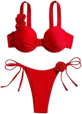 SHENHE Women's Push Up Bikini Set 3D Flower Underwire Top Tie Side Swimsuits 2 Peice Swimwear | Amazon (US)