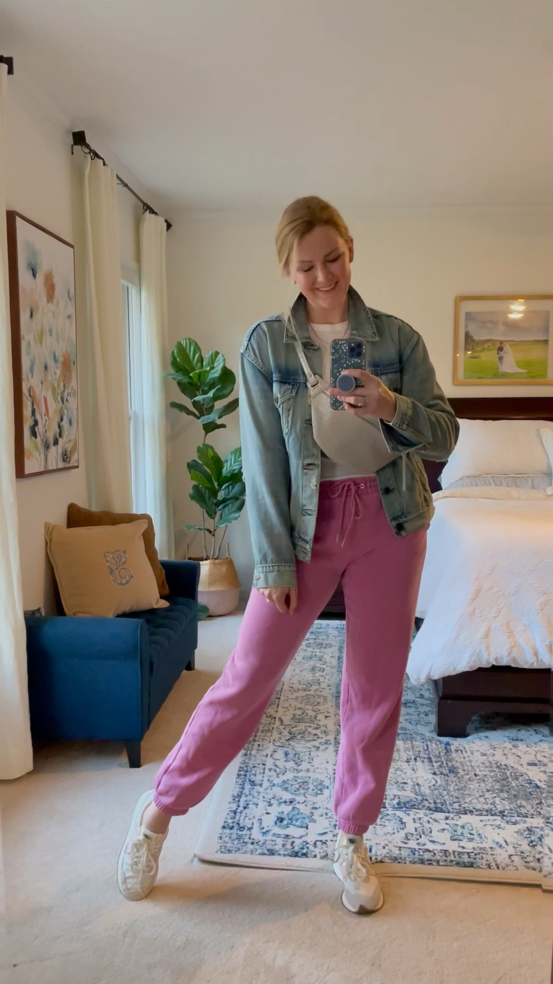 Casual spring weekend outfit

My favorite distressed denim jacket. Has an amazing broken in feel & perfect fit. I sized up one like I normally do for jackets & it works with chunky sweaters underneath. Comes in a darker wash too.

Pink sweatpants fit true to size and are super comfy!

Classic white long sleeve shirt — these are my fav for layering! Fit true to size.

Pink & white sneakers. Got my normal sneaker size in these

Belt bag is an affordable find that comes in lots of colors/styles. Strap is adjustable.


Spring style staples. Outfit idea

#LTKunder50 #LTKSeasonal #LTKitbag