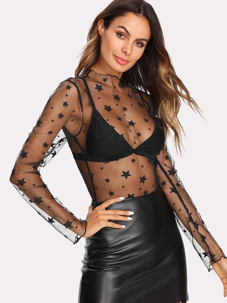 Transparent Star Pattern Mesh Bodysuit | SHEIN