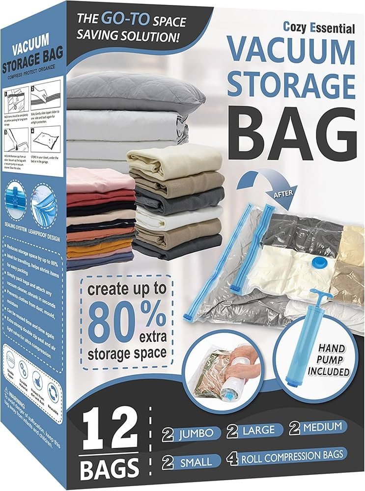 12 Pack Vacuum Storage Bags, Space Saver Vacuum Storage Bags, Vacuum Seal Bags for Clothing, Clothes, Comforters and Blankets, Hand Pump Included | Amazon (US)