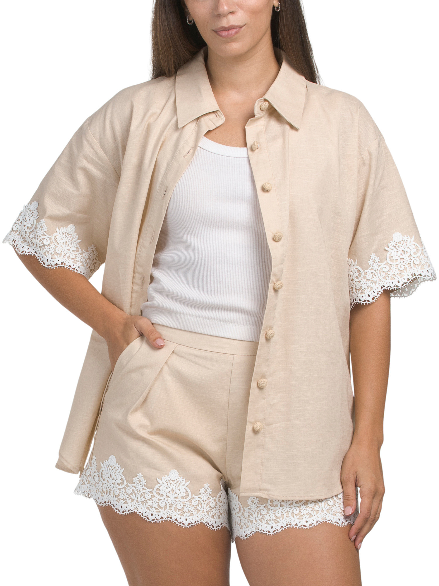 Linen Blend Shirt With Lace Trim | TJ Maxx