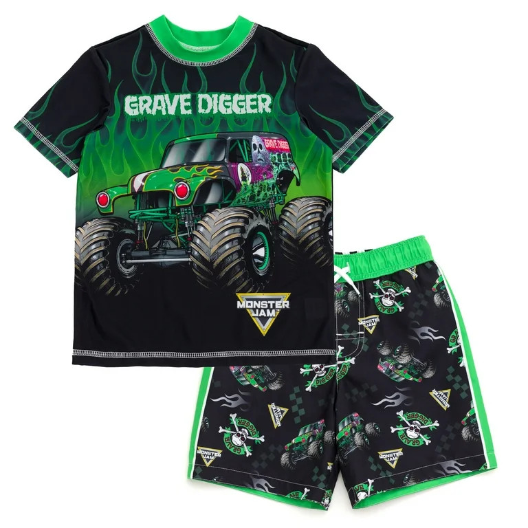 Monster Jam Grave Digger UPF 50+ Rash Guard and Swim Trunks Outfit Set Toddler to Little Kid | Walmart (US)