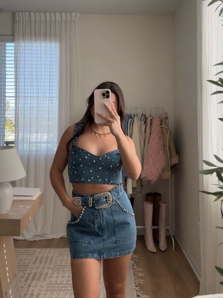 festival outfit ideas 🌴🌵✨🫶🏼 this bedazzled denim skirt set is from show me your mumu & fits TTS!

spring outfit ideas, ootd, coachella fit, festival season
