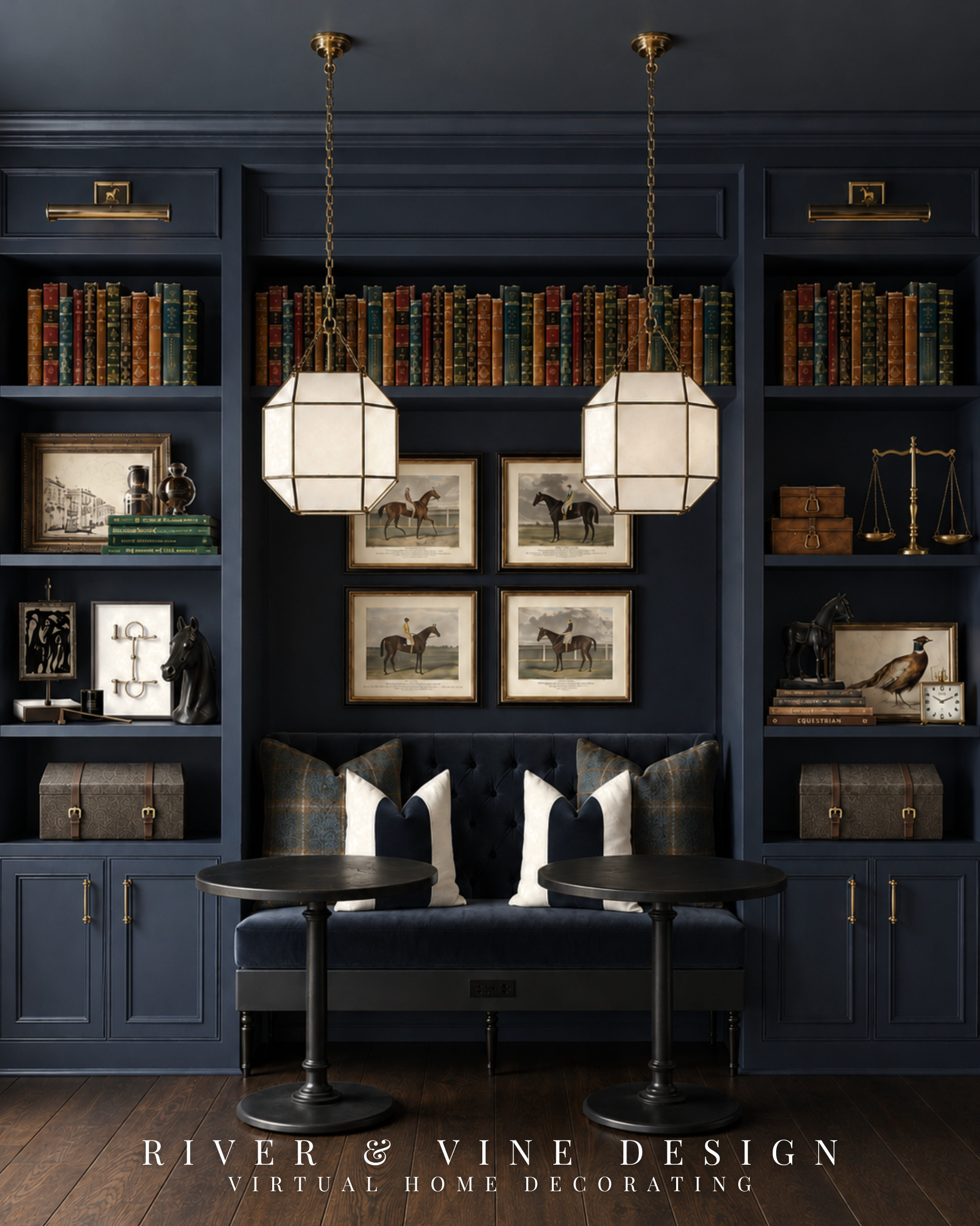 That unused wall could become the coziest—and most useful—spot in your home.

For a library-style dining nook, the furniture should feel integrated with the built-ins instead of placed in front of them. Repeating the dark finish on the banquette and bistro tables keeps the lower half cohesive, while the oversized lanterns create a focal point and visually define two separate places to sit. Vintage-inspired artwork, old books and warm brass accents keep the navy cabinetry from feeling flat or overly formal.

This is a smart formula for a breakfast area, game table, homework zone or intimate spot for morning coffee. Find the full edit here and choose the pieces that could turn an overlooked corner of your home into a room you actually use.

built in dining nook, navy home library, banquette seating ideas, traditional breakfast nook, library style dining room, bistro table decor, equestrian wall art, collected home decor

I may receive a commission from purchases made through my links. 

 #LTKHome