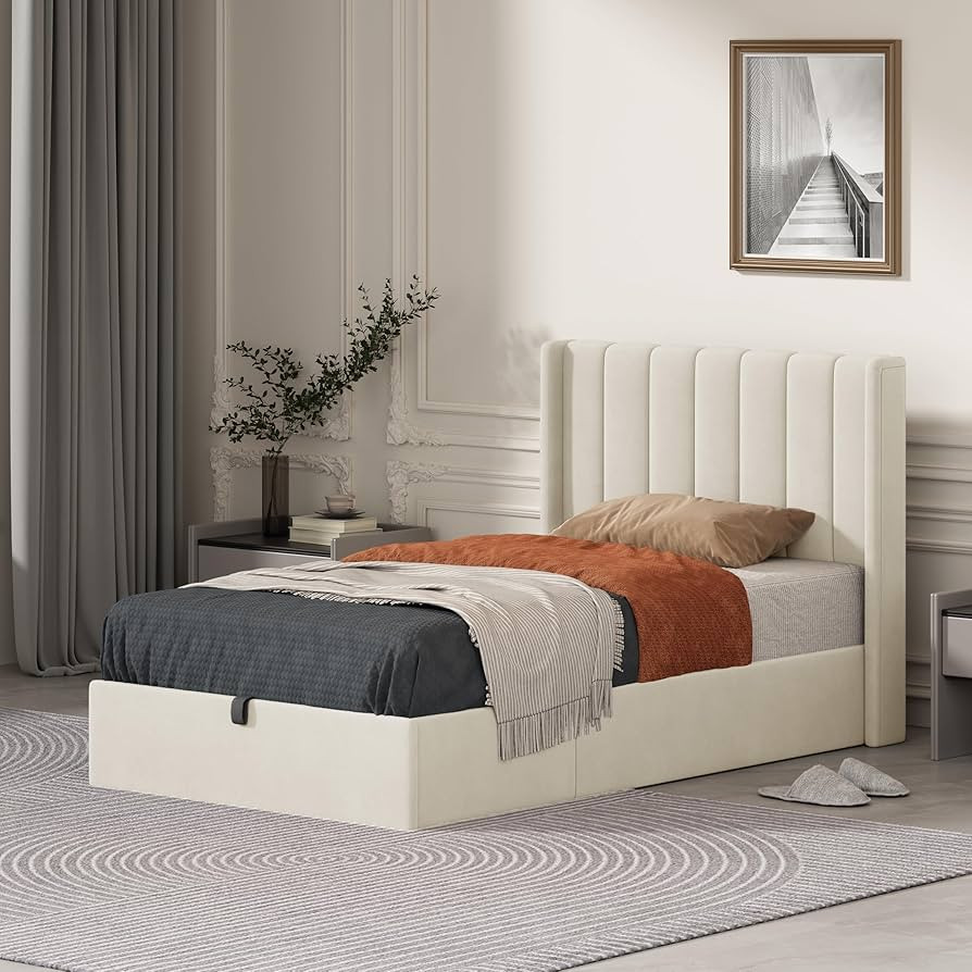 Twin Size Hydraulic Lift Up Upholstered Storage Bed with WIngback Headboard,Cream | Amazon (US)