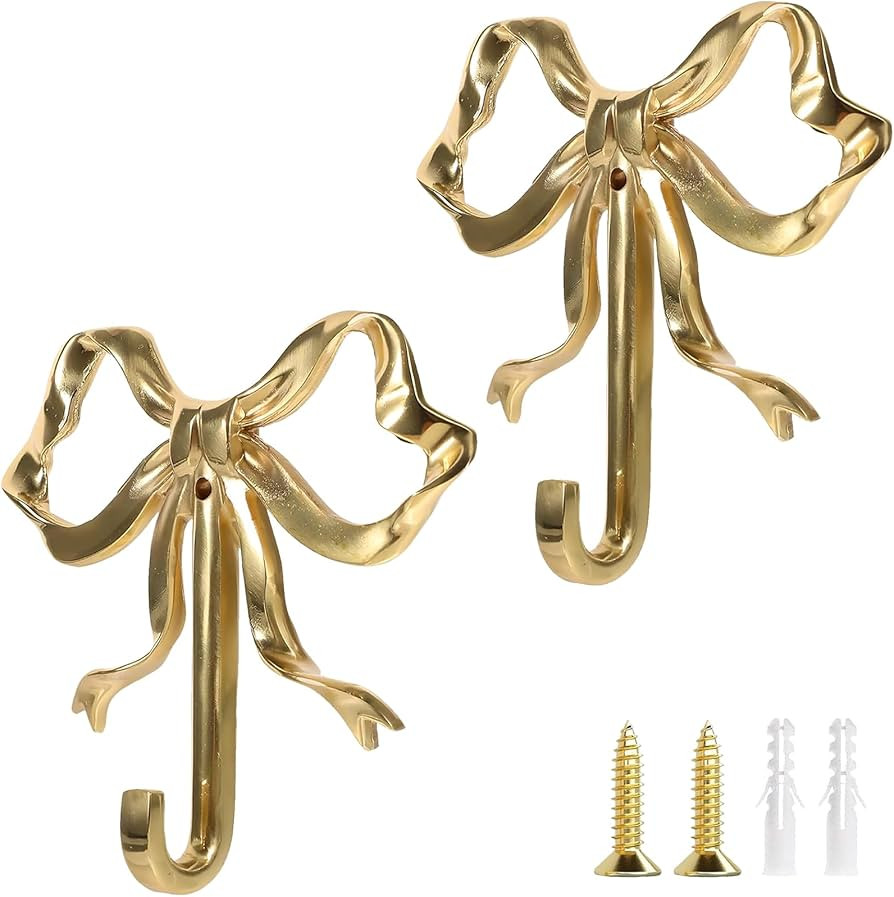 2Pcs Bow Hooks Gold Wall Hooks Bow Decor Hook for Hanging Purse Coat Hat Towel | Amazon (US)