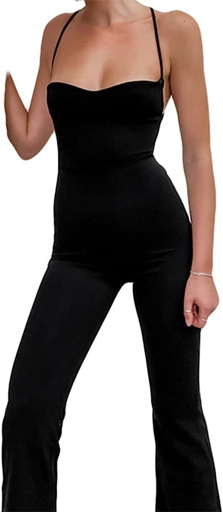 Hilinker Women's Spaghetti Strap Jumpsuits Bodycon Long Leg Pants Backless Romper | Amazon (US)