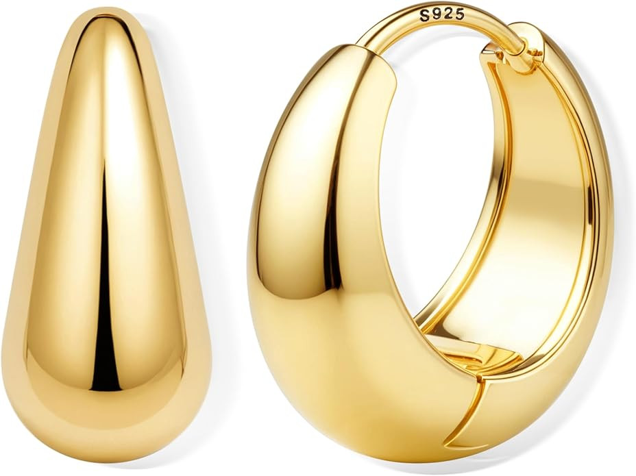 Sterling Silver Hoop Earrings for Women Chunky 14K Gold Plated Earring Small Hypoallergenic Hoops... | Amazon (UK)
