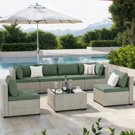 Amopatio 7 Pieces Patio Conversation Set, Outdoor Sectional PE Rattan Wicker Furniture Seat,GREEN | Walmart (US)