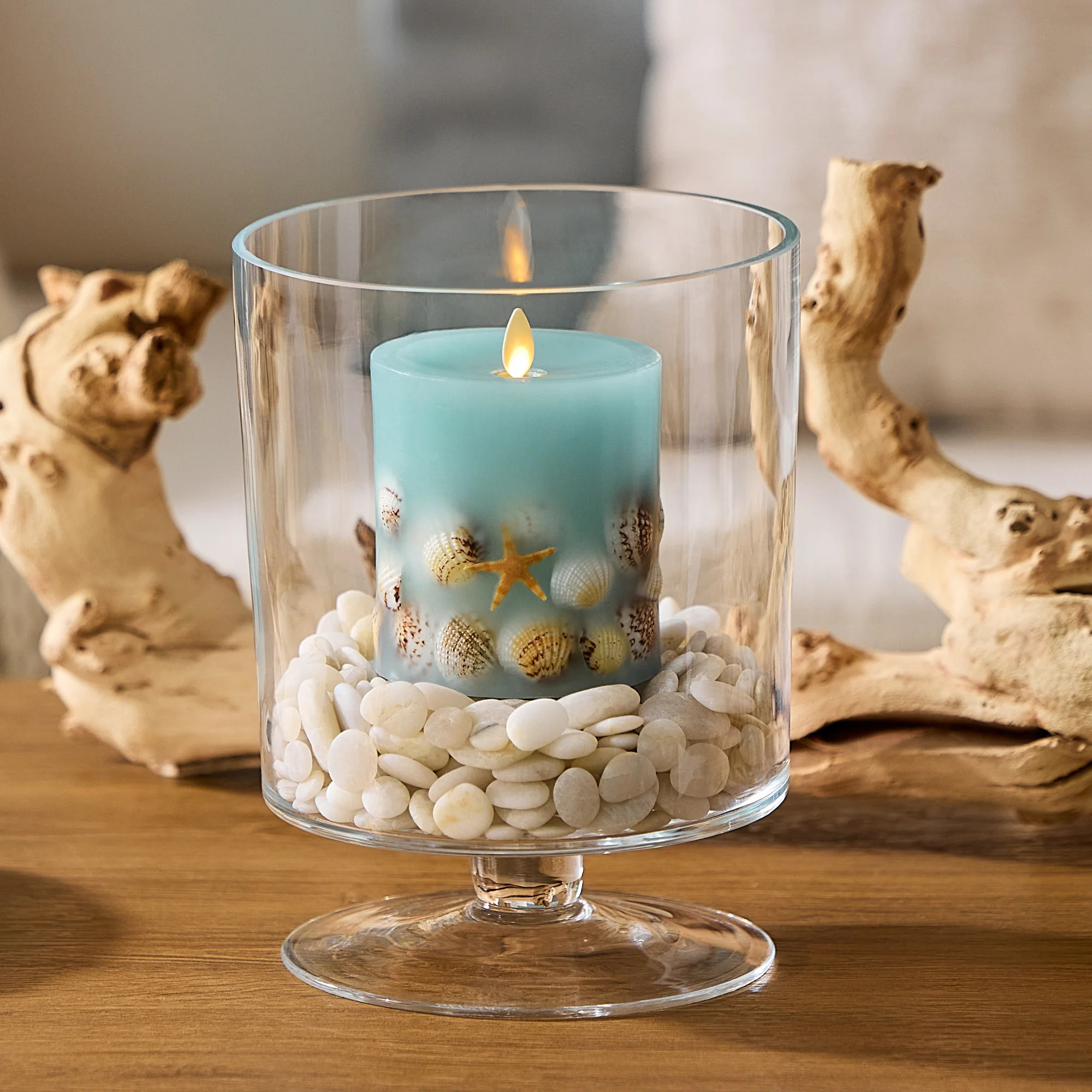 Soft Teal Embedded Seashell & Starfish Flameless Candle Pillar | Luminara