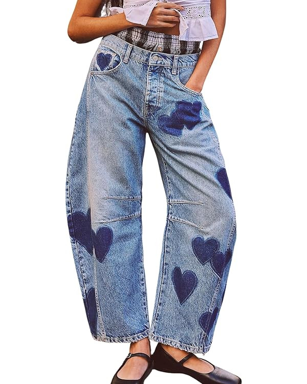 CHARTOU Y2k Barrel Jeans Women Wide Leg Jeans Baggy Distressed Printed Boyfriend Horseshoe Jeans ... | Amazon (US)