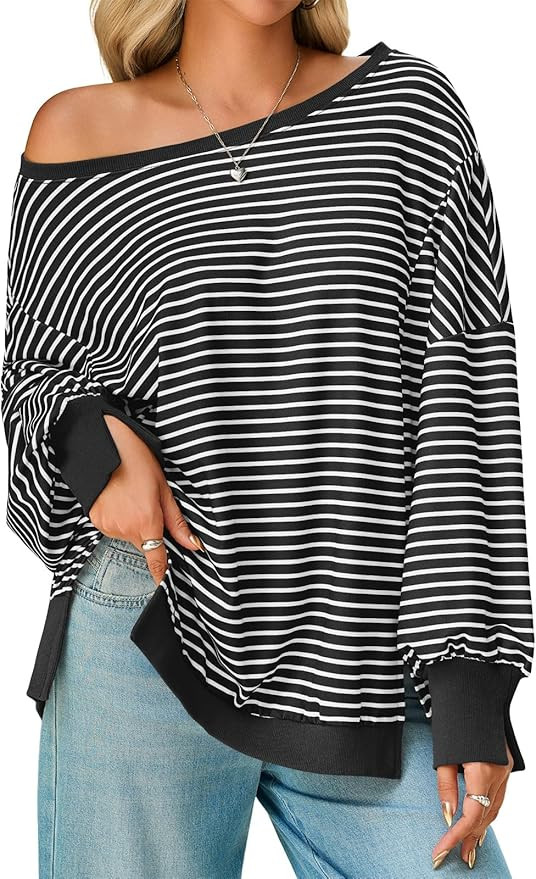 Tankaneo Womens Striped Oversized Sweatshirt Off The Shoulder Lantern Long Sleeve Top Split Fall ... | Amazon (US)