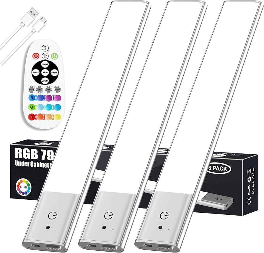 Diomart Under Cabinet Lights, 79 LED Rechargeable Under Cabinet Lighting with Remote, 3 Pack RGB ... | Amazon (US)