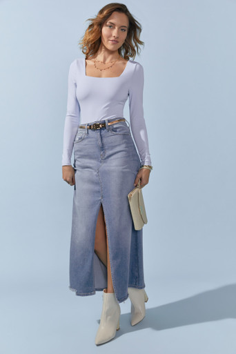 Wendi Midi Denim Skirt | Francesca's