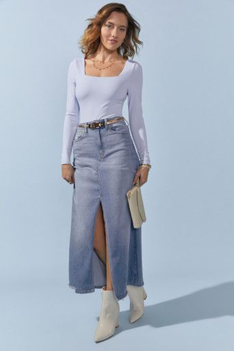 Wendi Midi Denim Skirt | Francesca's