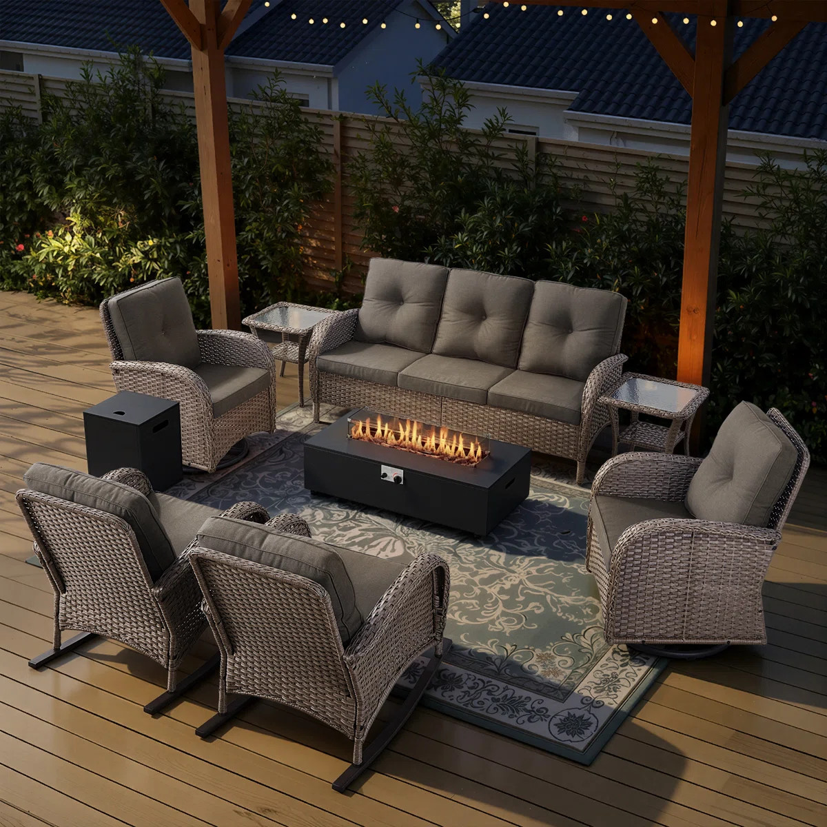 8-Piece Outdoor Wicker Family Gathering Conversation Set With Rocking & Swivel Chairs And Fire Pi... | Wayfair North America