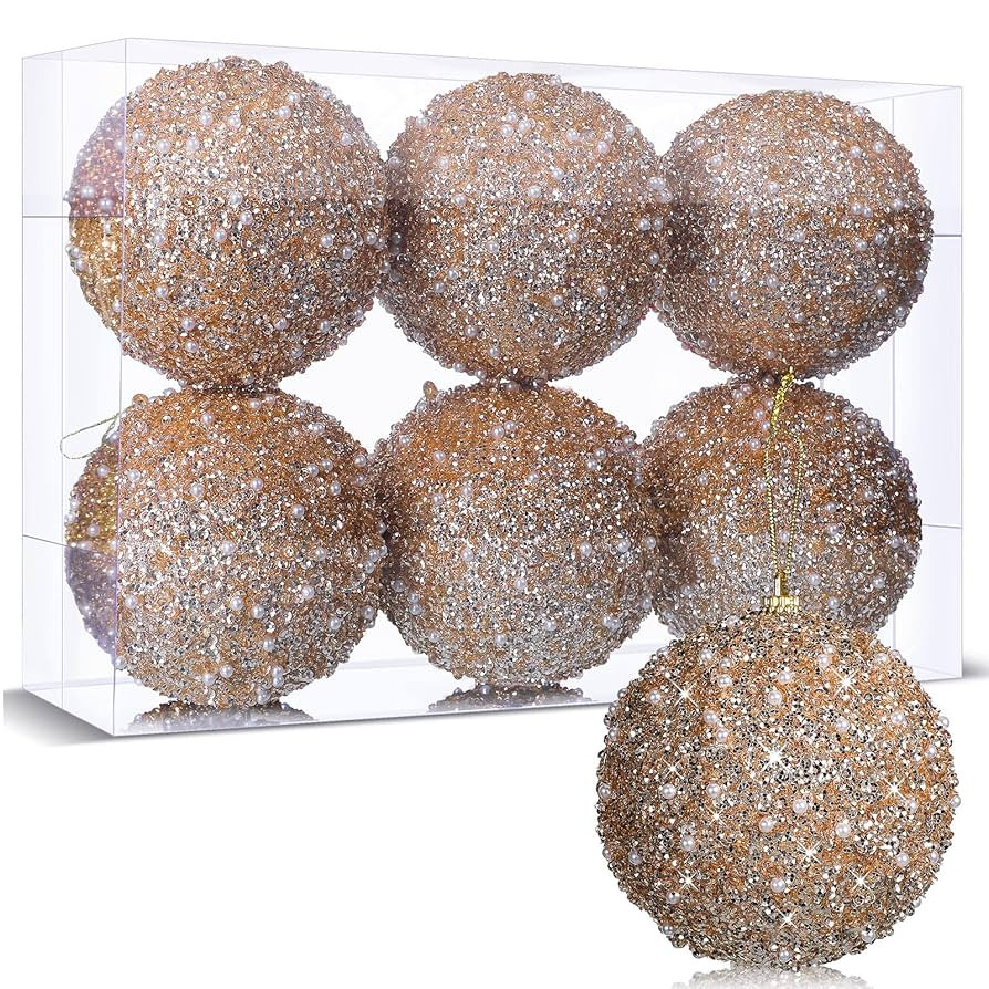 BBTO 6 Pcs 4 Inch Christmas Ball Ornaments for Tree Glitter Sequin Foam Hanging Ornaments Champag... | Amazon (US)