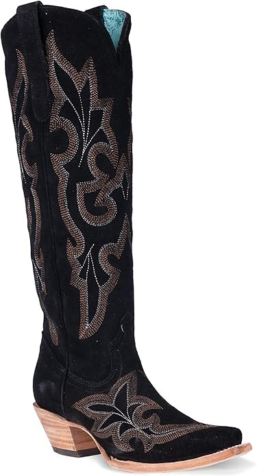 Corral Boots Womens Suede Embroidered Tall Snip Toe Casual Boots Knee High Mid Heel 2-3" - Black | Amazon (US)