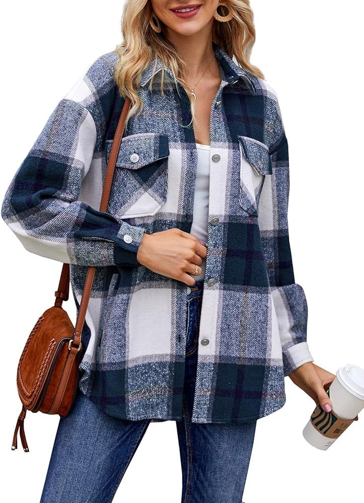 Imysty Womens Casual Plaid Wool Blend Shacket Button Down Long Sleeve Lapel Collar Shirts Coats | Amazon (US)