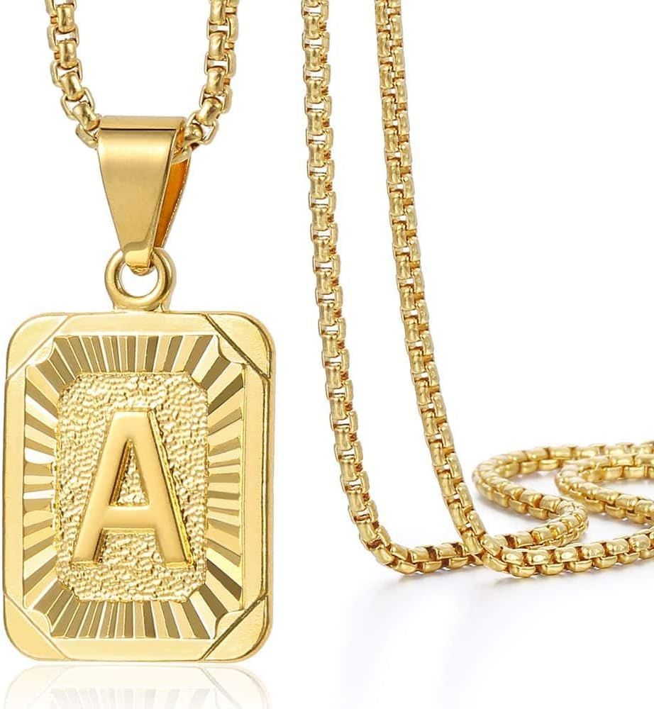 Initial A-Z Letter Pendant Necklace Mens Womens Capital Letter Yellow Gold Plated Stainless Steel... | Amazon (US)