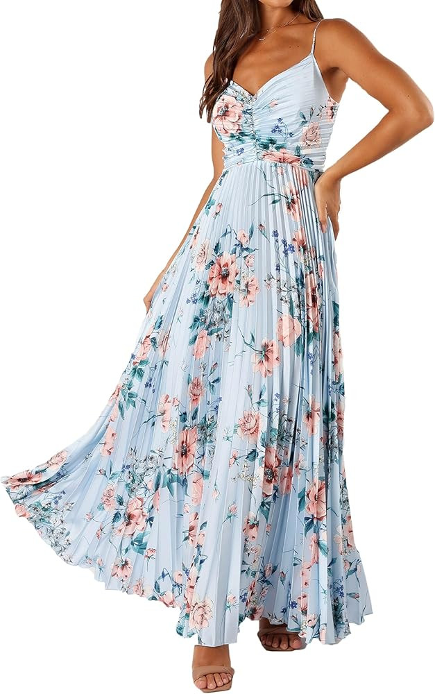 LASPIA Women's Pleated Dress Formal Adjustable Spaghetti Strap Maxi Solid Bridesmaid Evening Part... | Amazon (US)