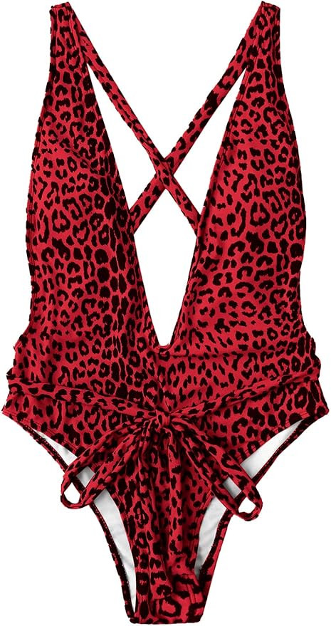 SweatyRocks Women's Sexy Bathing Suits Criss Cross Tie Knot Front Deep V Open Back Leopard One Pi... | Amazon (US)